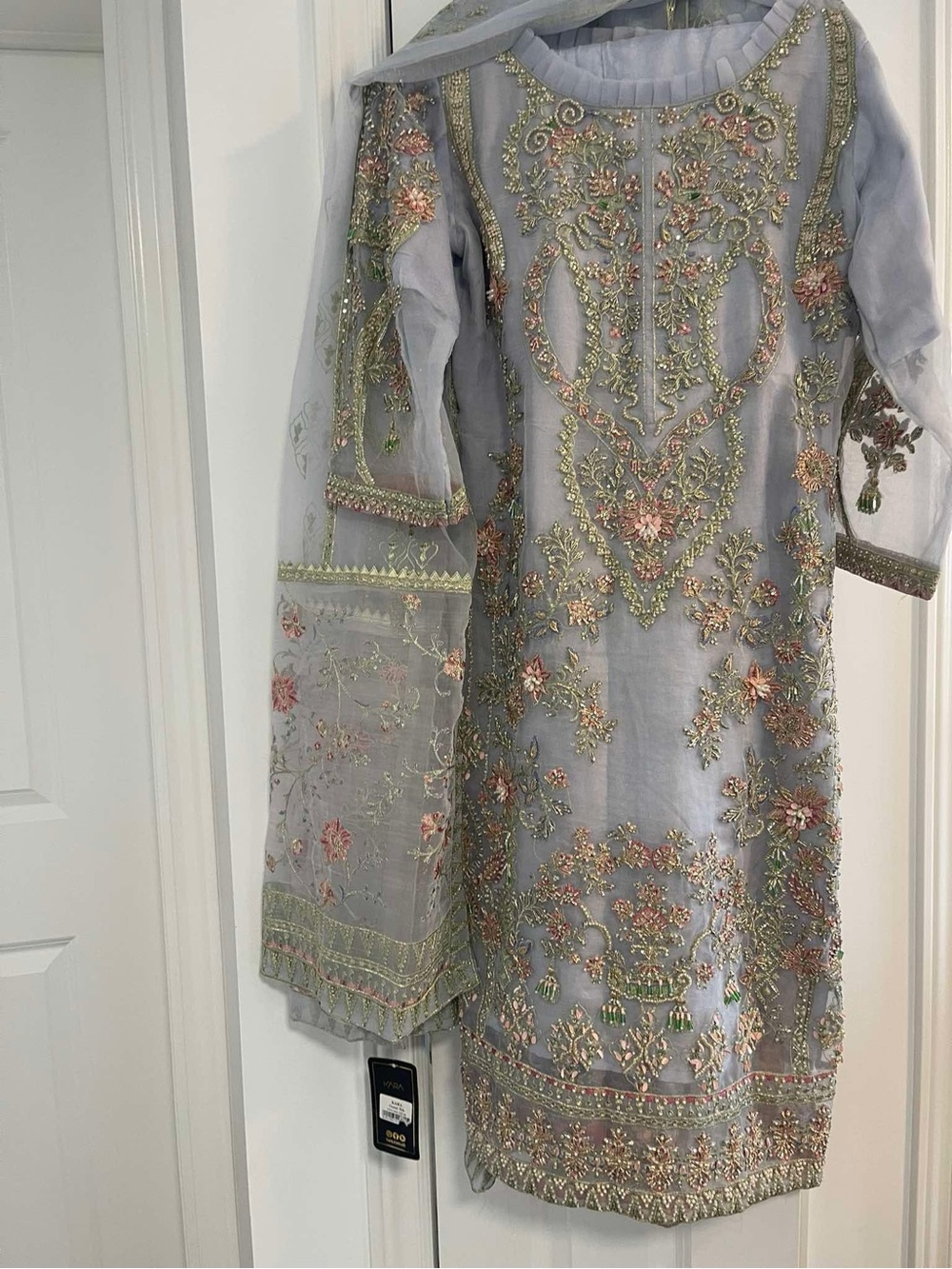 Girls Light Blue Embroidered Formal Dress with Sheer Dupatta